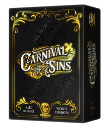 Vista frontal de la caja del juego de cartas Carnival of Sins en blanco