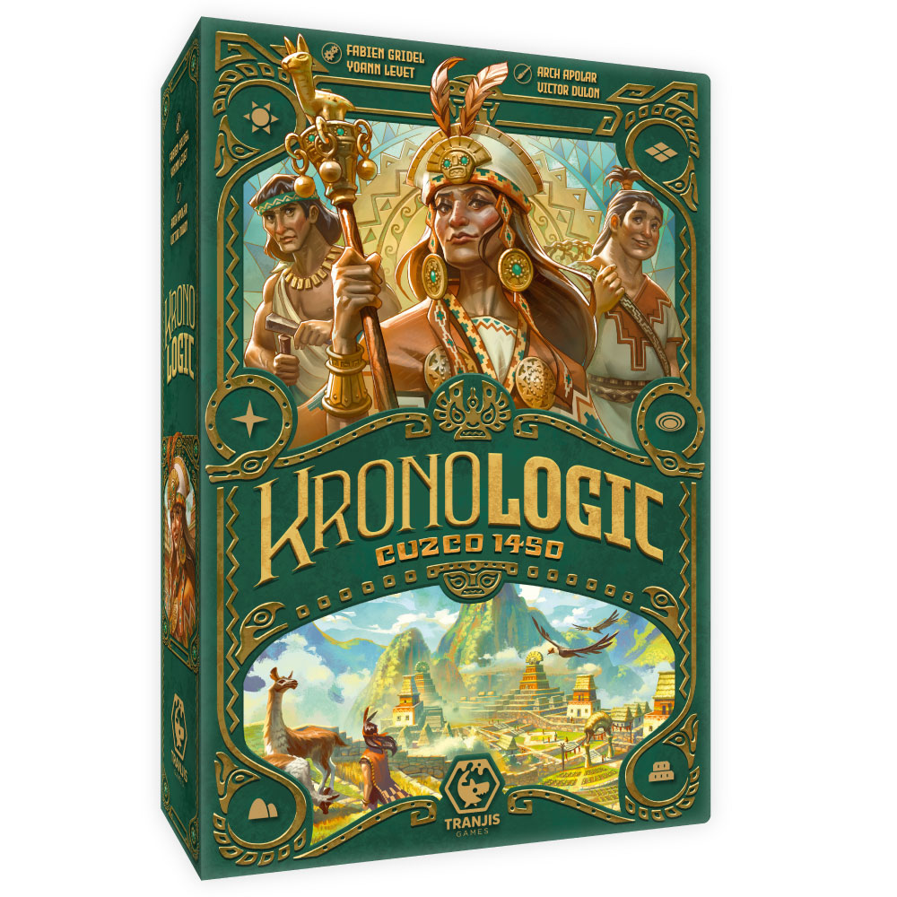 Caja del juego de mesa Kronologic Cuzco 1450 con arte andino en verde y dorado