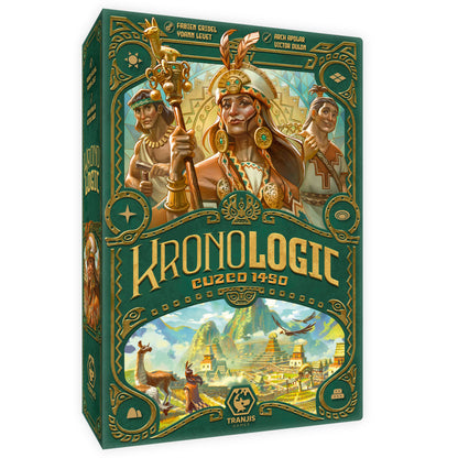 Caja del juego de mesa Kronologic Cuzco 1450 con arte andino en verde y dorado