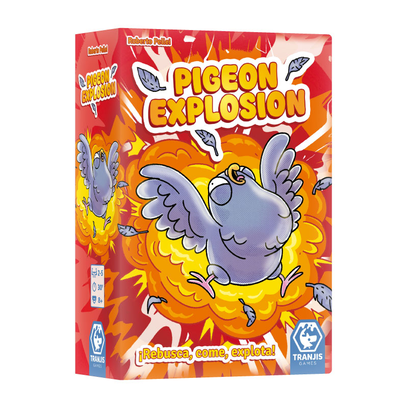 Caja del juego de cartas Pigeon Explosion con paloma morada y diseño vibrante
