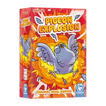 Caja del juego de cartas Pigeon Explosion con paloma morada y diseño vibrante