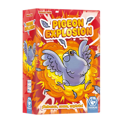 Caja del juego de cartas Pigeon Explosion con paloma morada y diseño vibrante