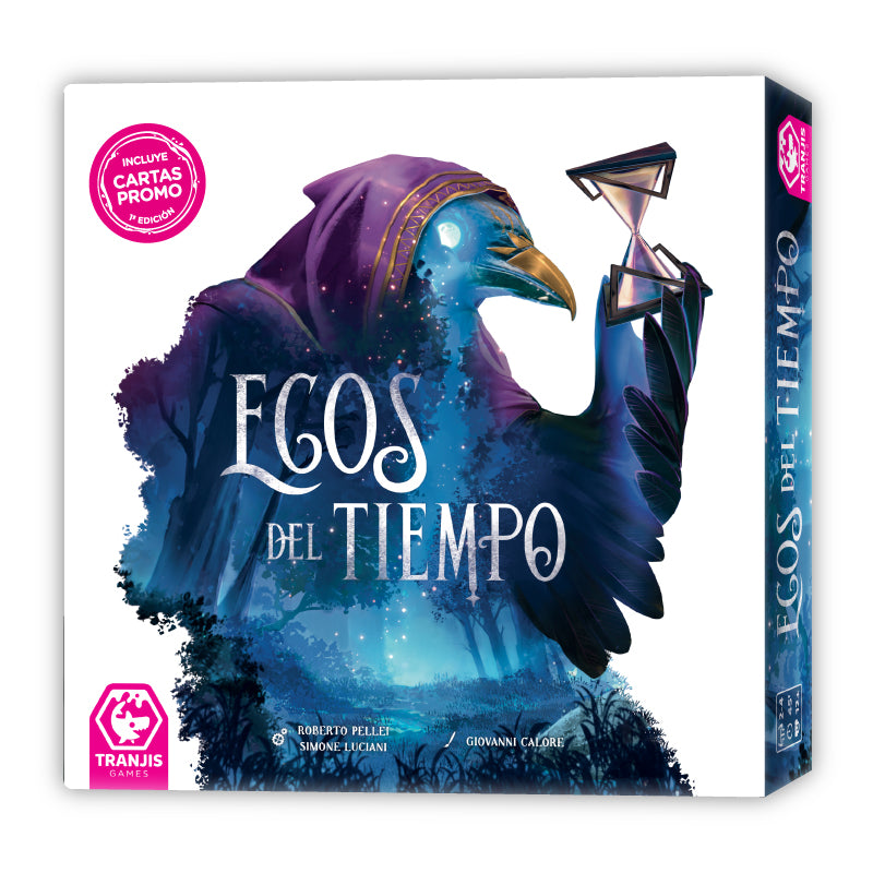 Caja frontal del juego de mesa estratégico Ecos del Tiempo con ave antropomórfica y reloj de arena