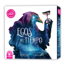 Caja frontal del juego de mesa estratégico Ecos del Tiempo con ave antropomórfica y reloj de arena