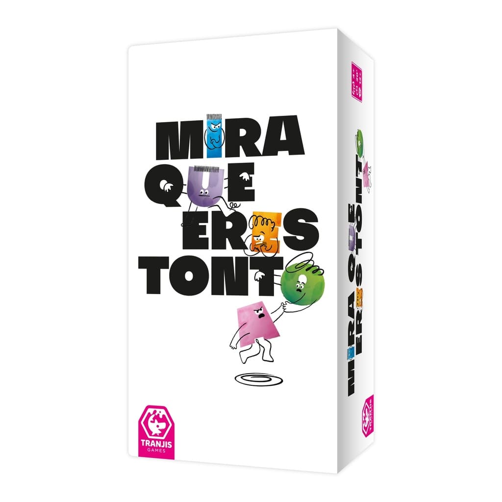 Caja del juego de mesa Mira que eres tonto con vocales como personajes antropomórficos de colores