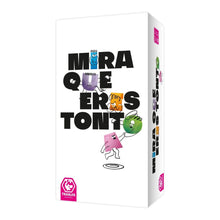 Caja del juego de mesa Mira que eres tonto con vocales como personajes antropomórficos de colores