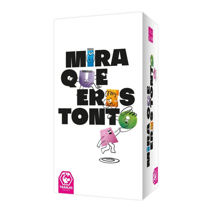 Caja del juego de mesa Mira que eres tonto con vocales como personajes antropomórficos de colores