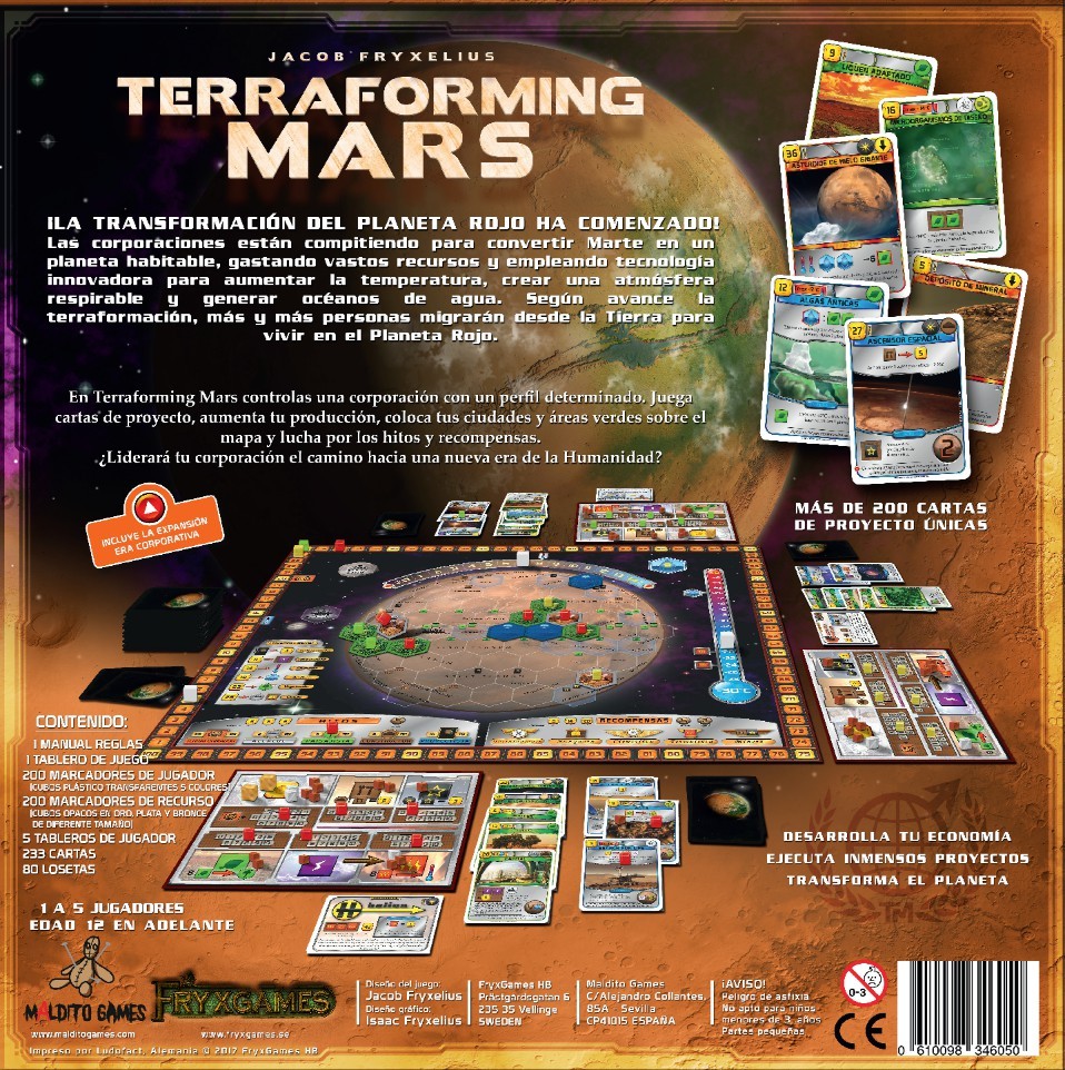 Dorso juego de mesa Terraforming Mars mostrando tablero, cartas y componentes