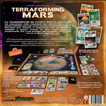 Dorso juego de mesa Terraforming Mars mostrando tablero, cartas y componentes
