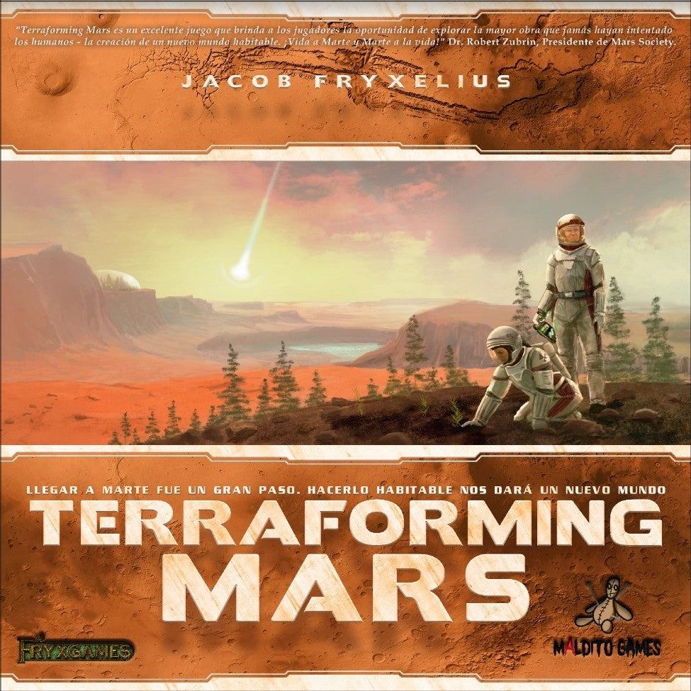Portada juego de mesa Terraforming Mars con astronautas en paisaje marciano