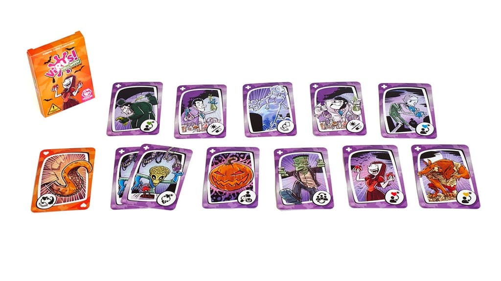 Virus! Halloween expansión de juego de mesa con cartas de personajes monstruosos y bordes morados