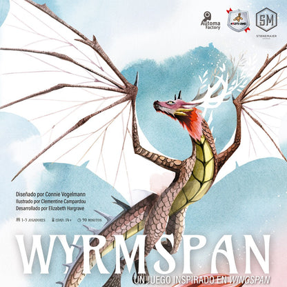 Portada Wyrmspan juego de mesa con dragón escamoso y logotipos Maldito Games