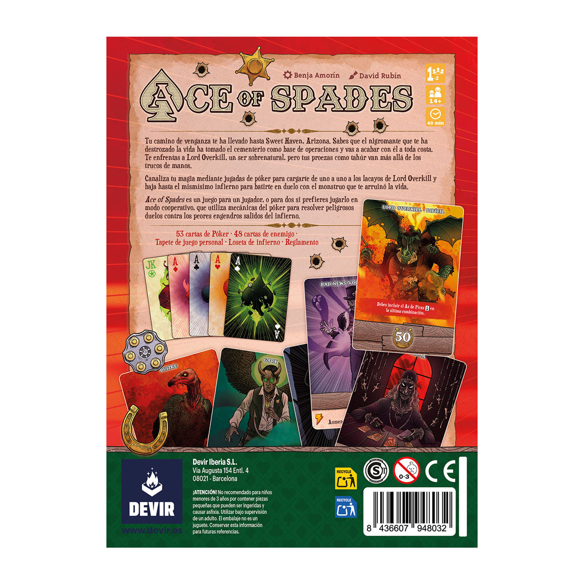 Contraportada del juego de cartas Ace of Spades mostrando mecánicas y cartas de enemigos