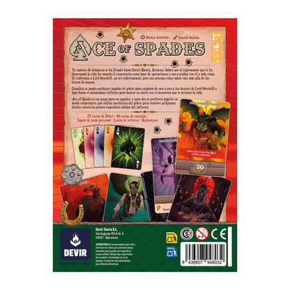 Contraportada del juego de cartas Ace of Spades mostrando mecánicas y cartas de enemigos