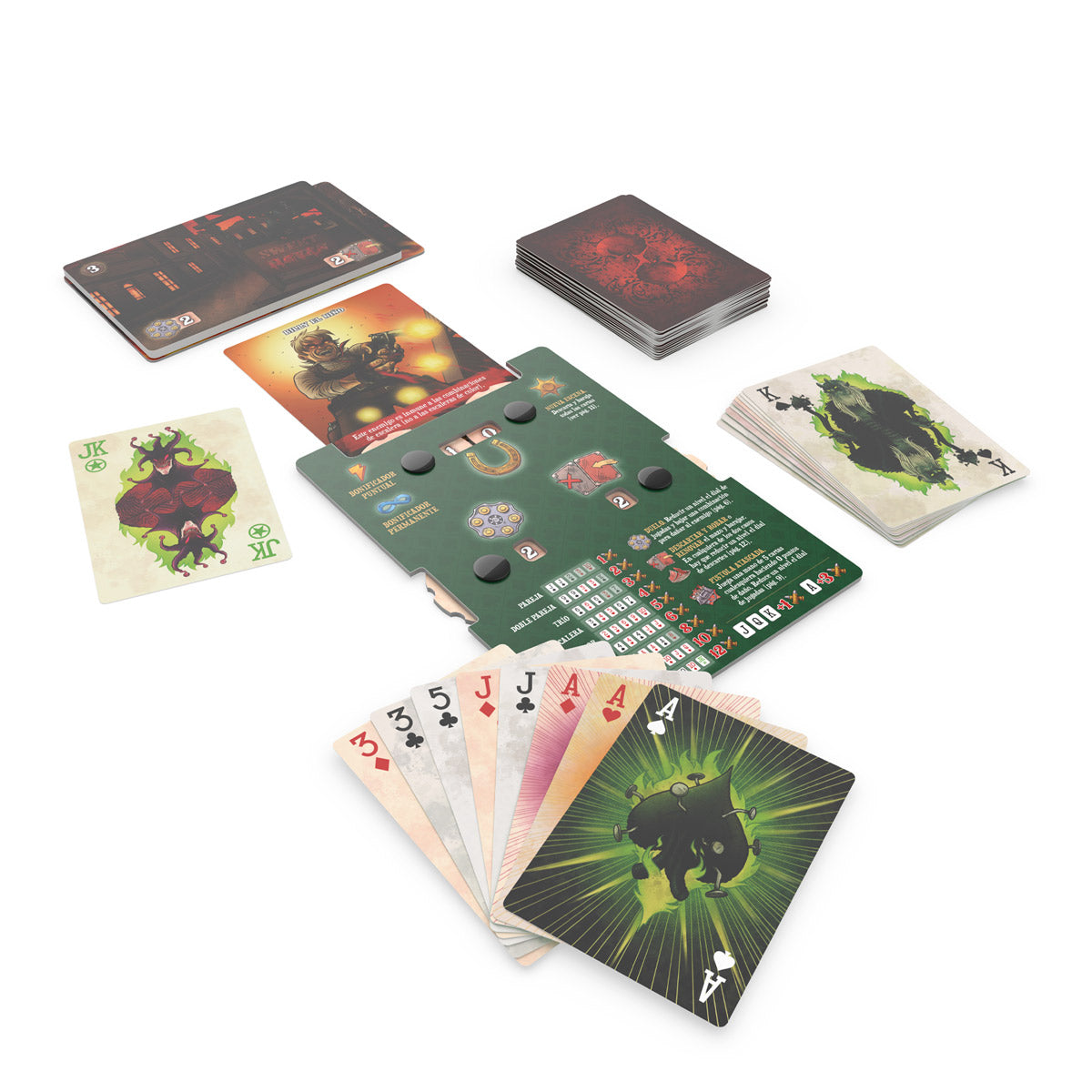 Juego de cartas Ace of Spades con componentes, baraja y fichas sobre fondo blanco