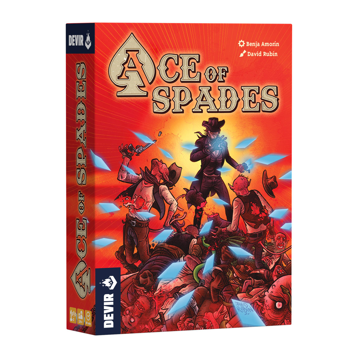 Caja del juego de mesa Ace of Spades para 2 jugadores con arte de vaquero y demonios