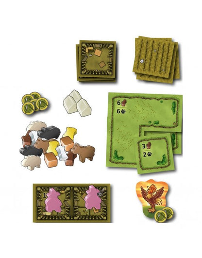 Agricola Edición Familiar componentes juego de mesa con fichas recursos, animales y piezas madera