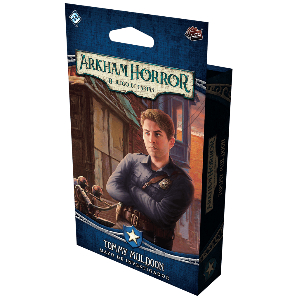 Caja del mazo de investigador Tommy Muldoon para Arkham Horror LCG con ilustración policial y fondo urbano azul