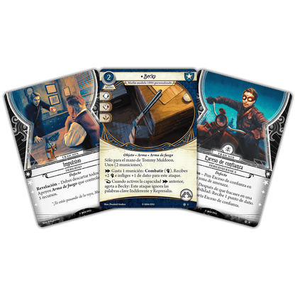 Cartas del mazo Tommy Muldoon para Arkham Horror LCG incluyendo apoyo Becky y cartas de traición sobre fondo blanco