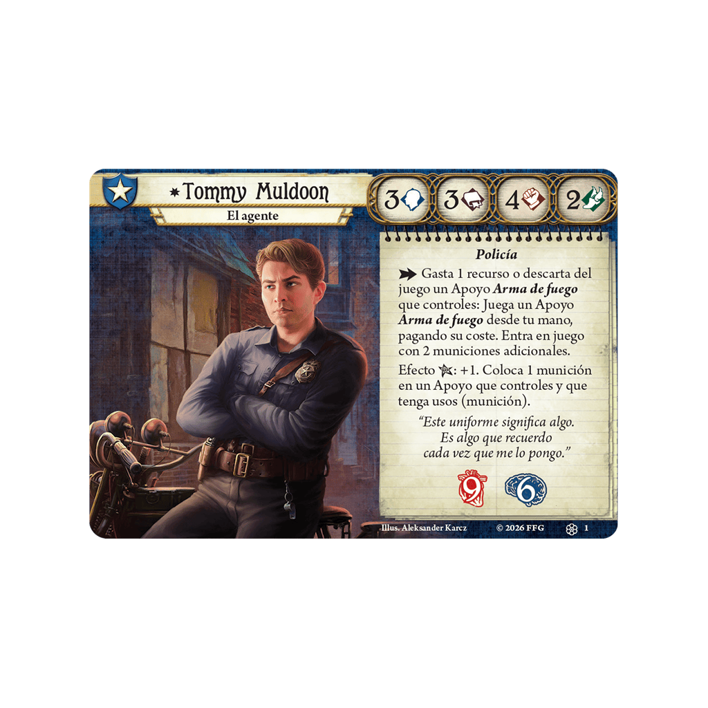 Carta de personaje Tommy Muldoon El agente para Arkham Horror LCG con estadísticas y clase Policía