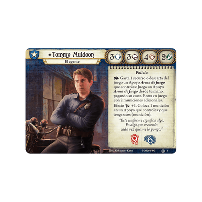 Carta de personaje Tommy Muldoon El agente para Arkham Horror LCG con estadísticas y clase Policía