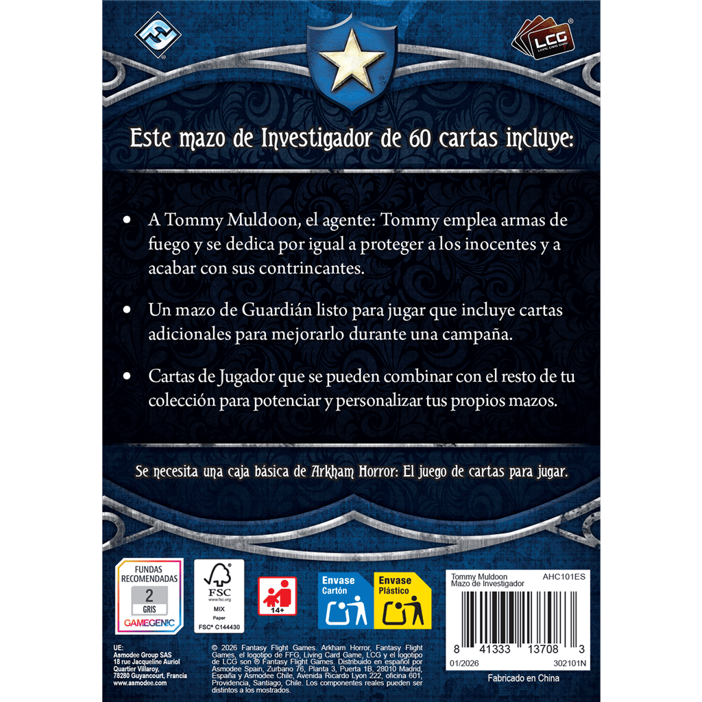 Parte trasera de la caja del mazo de Tommy Muldoon para Arkham Horror LCG, mostrando detalles del contenido y recomendación de edad