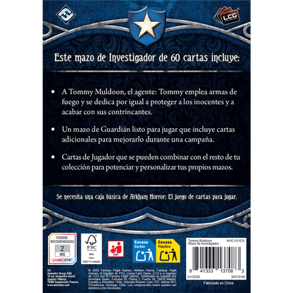 Parte trasera de la caja del mazo de Tommy Muldoon para Arkham Horror LCG, mostrando detalles del contenido y recomendación de edad
