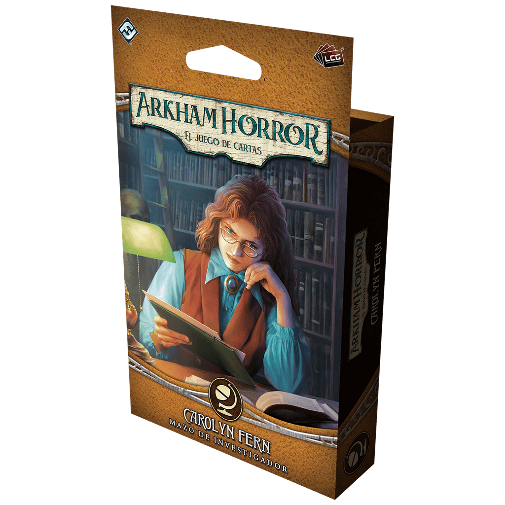 Caja expansión Arkham Horror Carolyn Fern psicóloga ilustración biblioteca