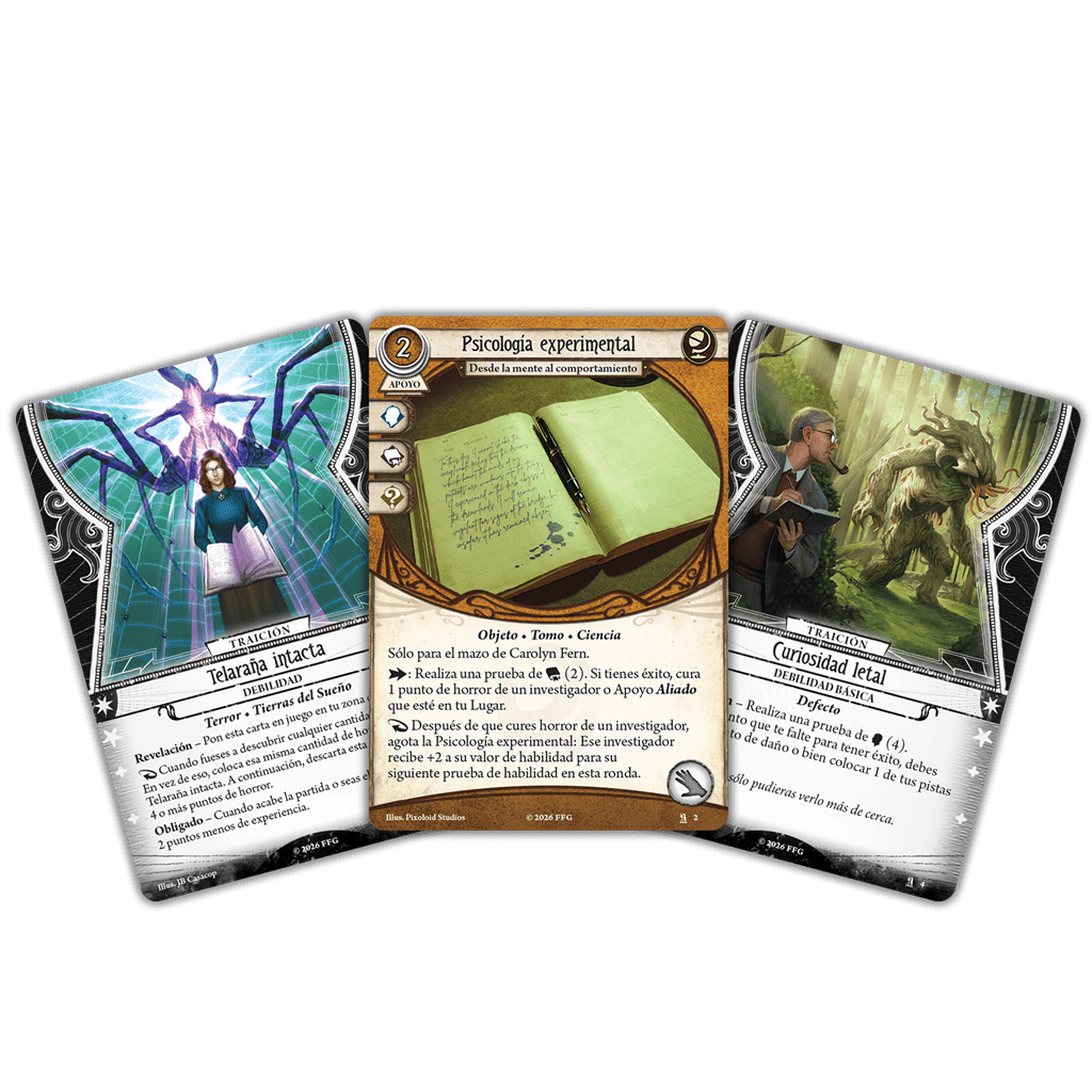 Cartas ejemplo expansión Arkham Horror Telaraña Psicología experimental Curiosidad letal