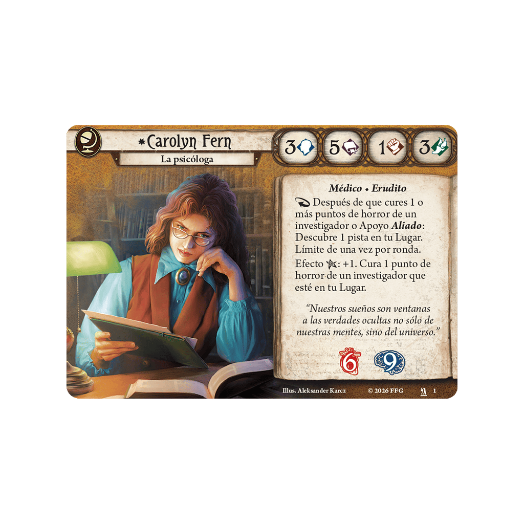 Carta personaje Carolyn Fern Arkham Horror estadísticas habilidades Médico Erudito