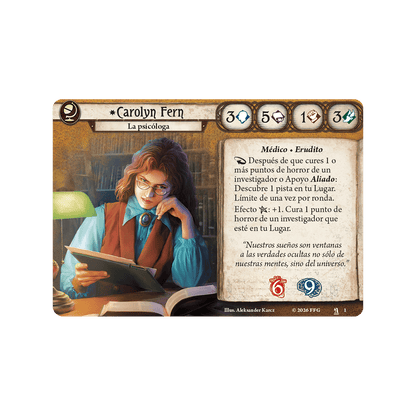 Carta personaje Carolyn Fern Arkham Horror estadísticas habilidades Médico Erudito