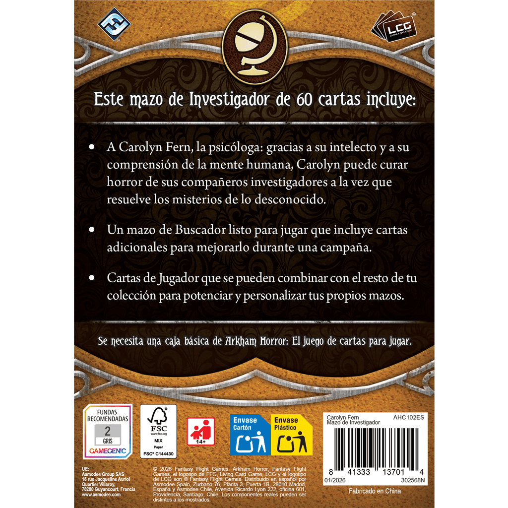 Panel trasero caja expansión Arkham Horror Carolyn Fern con detalles mazo 60 cartas
