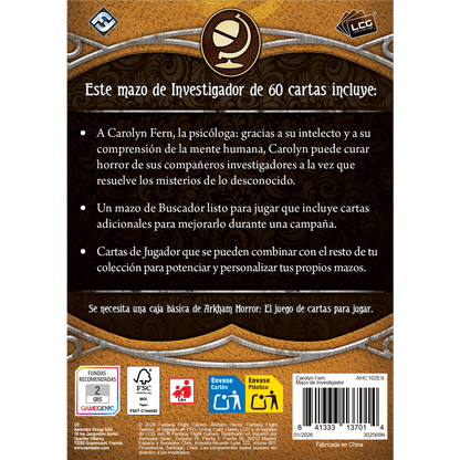 Panel trasero caja expansión Arkham Horror Carolyn Fern con detalles mazo 60 cartas