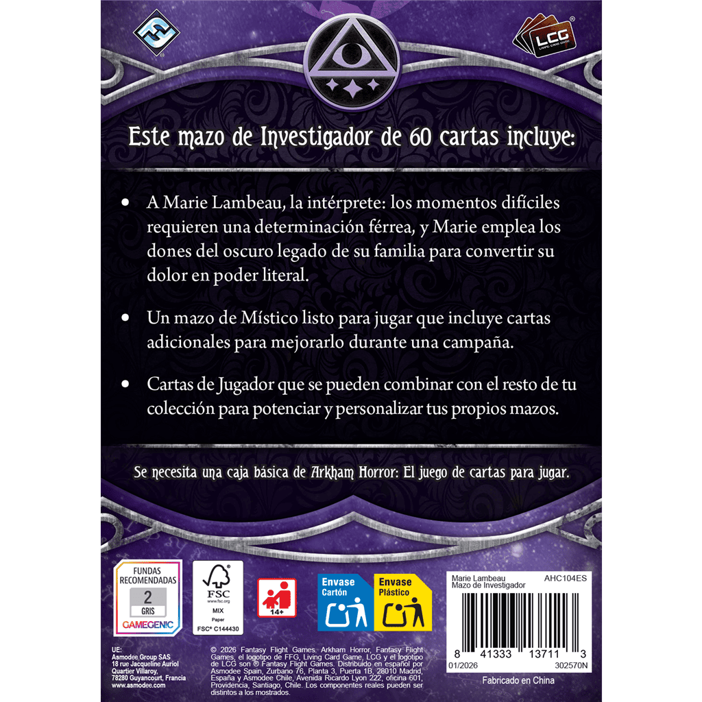 Panel trasero caja expansión Marie Lambeau Arkham Horror
