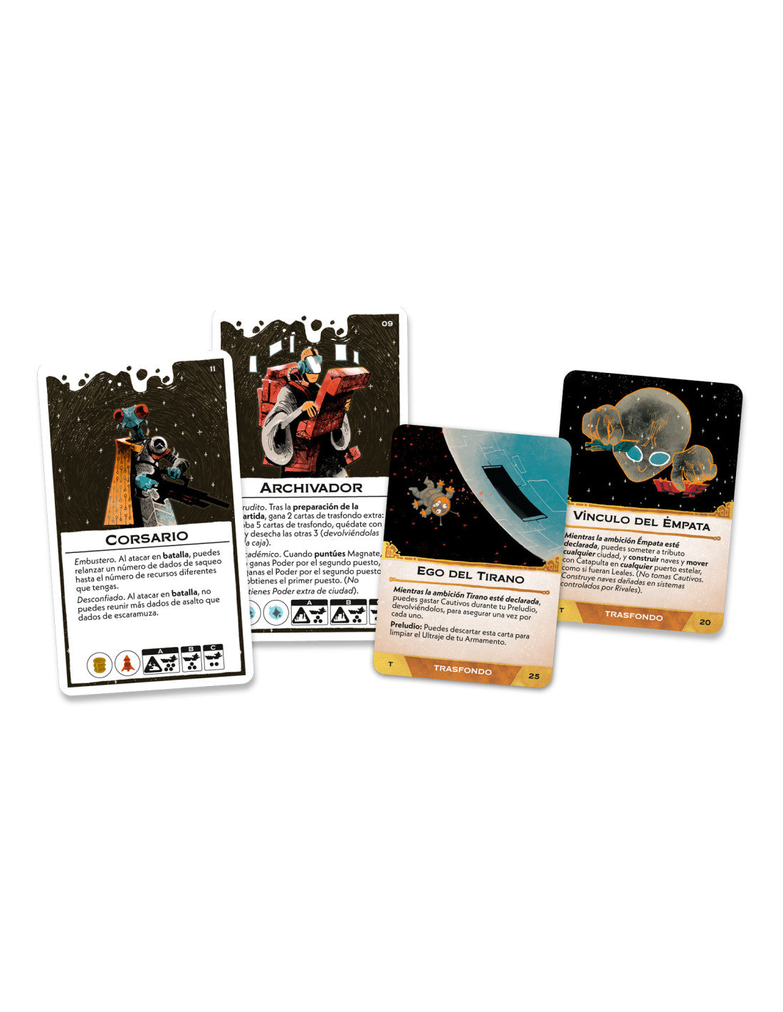 Cuatro cartas de juego Arcs incluyendo Corsario, Archivador y trasfondos con bordes irregulares
