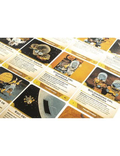 Cartas de trasfondo del juego de mesa Arcs Líderes y Trasfondo con arte espacial oscuro y acentos dorados