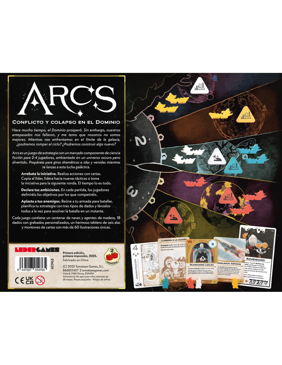 Dorso de la caja del juego de estrategia Arcs con descripción de componentes y mecánicas
