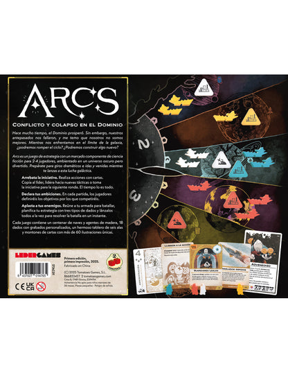 Dorso de la caja del juego de estrategia Arcs con descripción de componentes y mecánicas