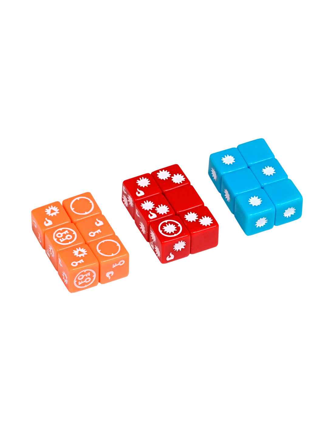 Dados de plástico personalizados para Arcs en naranja, rojo y azul con símbolos blancos