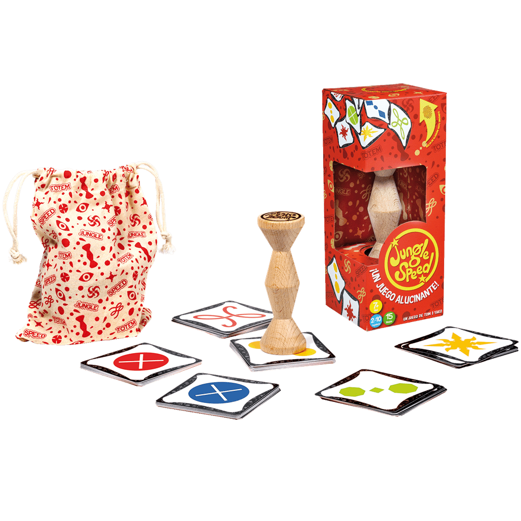 Conjunto completo juego Jungle Speed con caja, bolsa, tótem y cartas sobre fondo blanco
