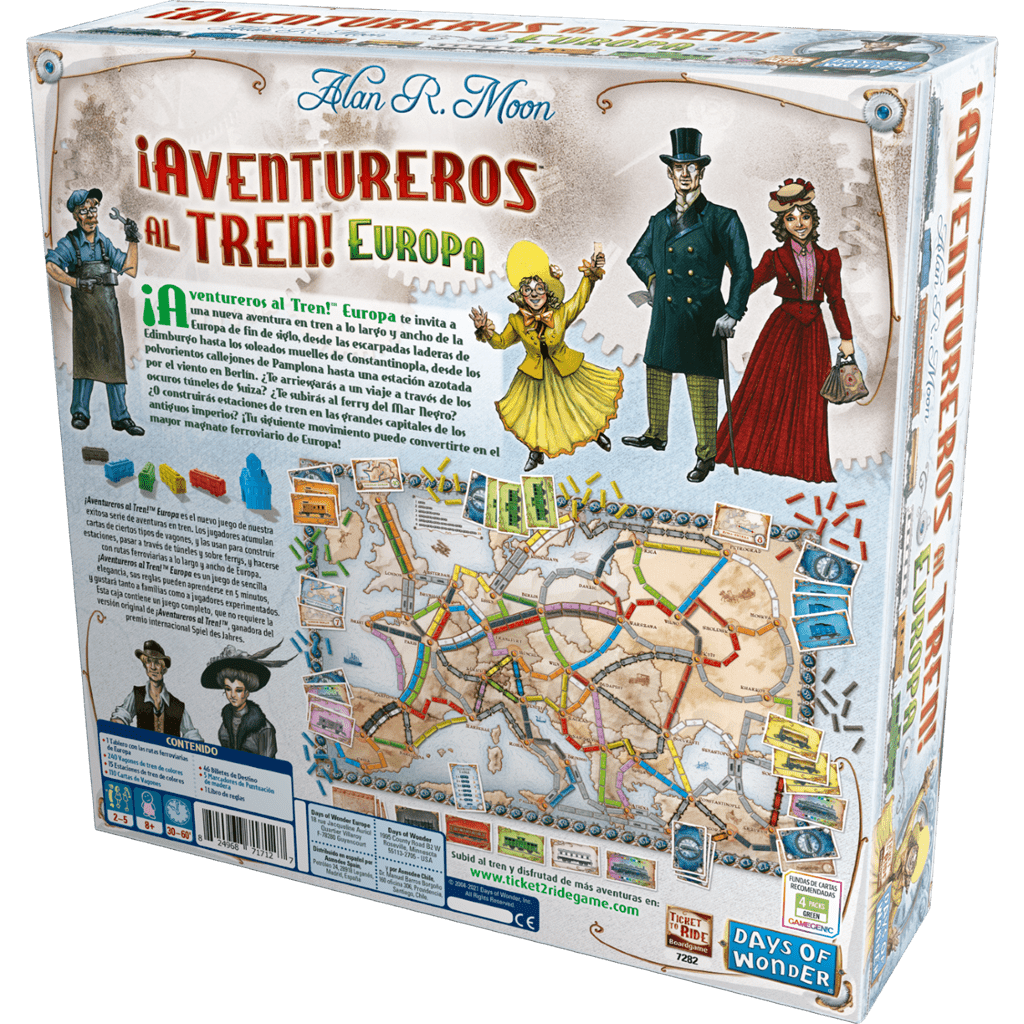Parte trasera caja juego Aventureros al Tren Europa mostrando mapa de rutas ferroviarias europeas
