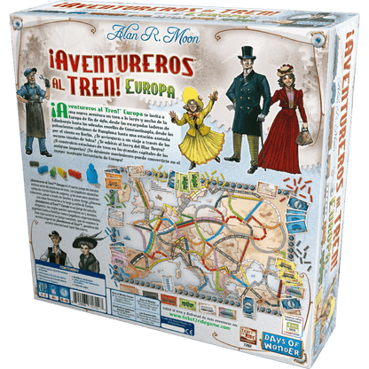 Parte trasera caja juego Aventureros al Tren Europa mostrando mapa de rutas ferroviarias europeas