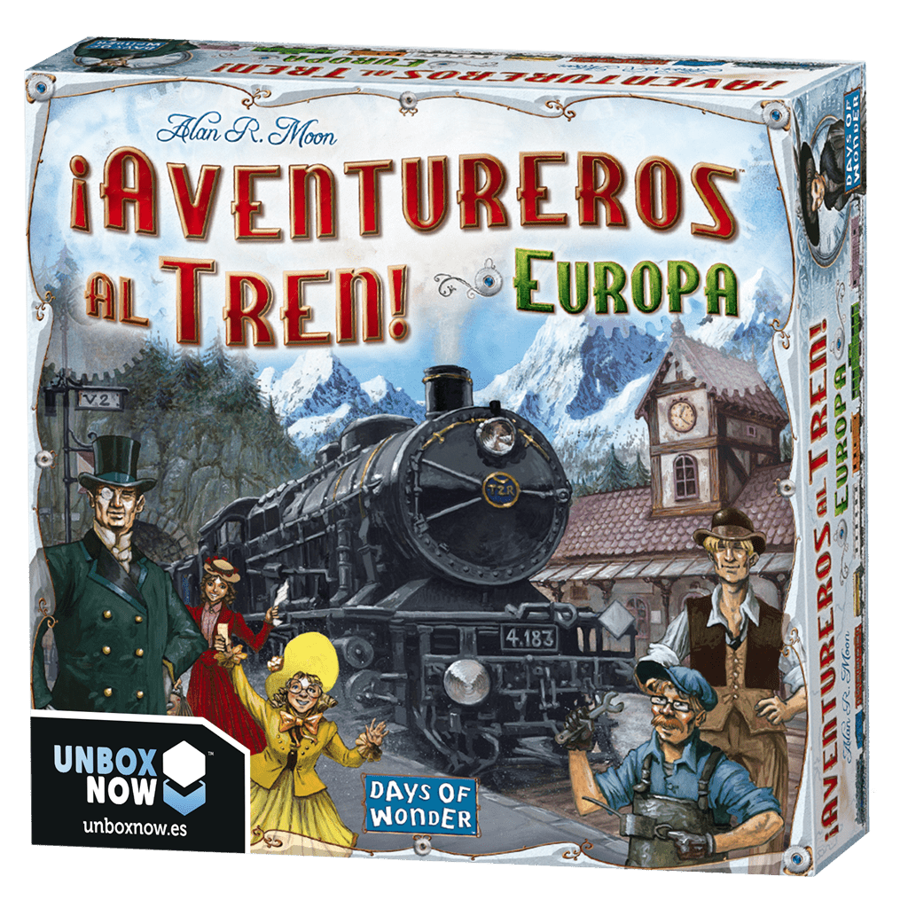 Caja del juego de mesa Aventureros al Tren Europa con arte retro de tren de vapor y personajes