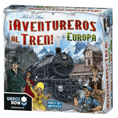 Caja del juego de mesa Aventureros al Tren Europa con arte retro de tren de vapor y personajes
