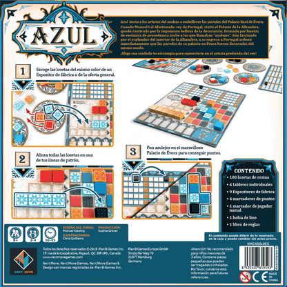 Parte trasera de la caja del juego Azul con ilustraciones de jugabilidad y componentes