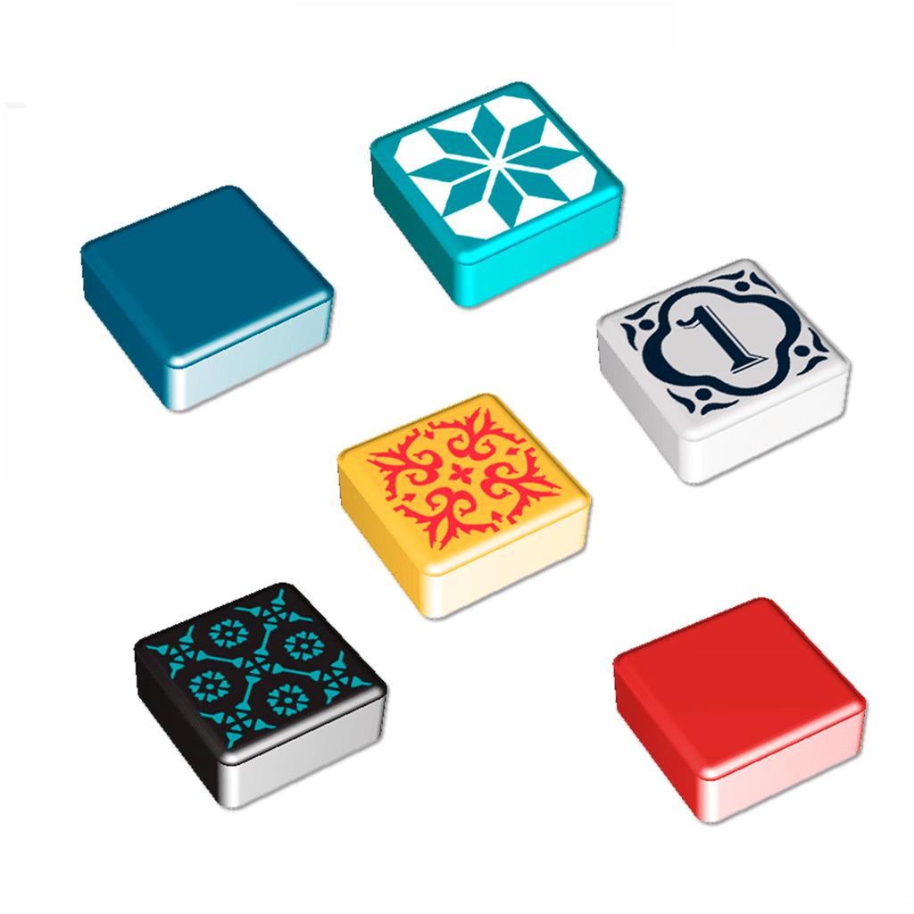 Losetas de resina del juego Azul con diseños florales, geométricos y números en colores vivos