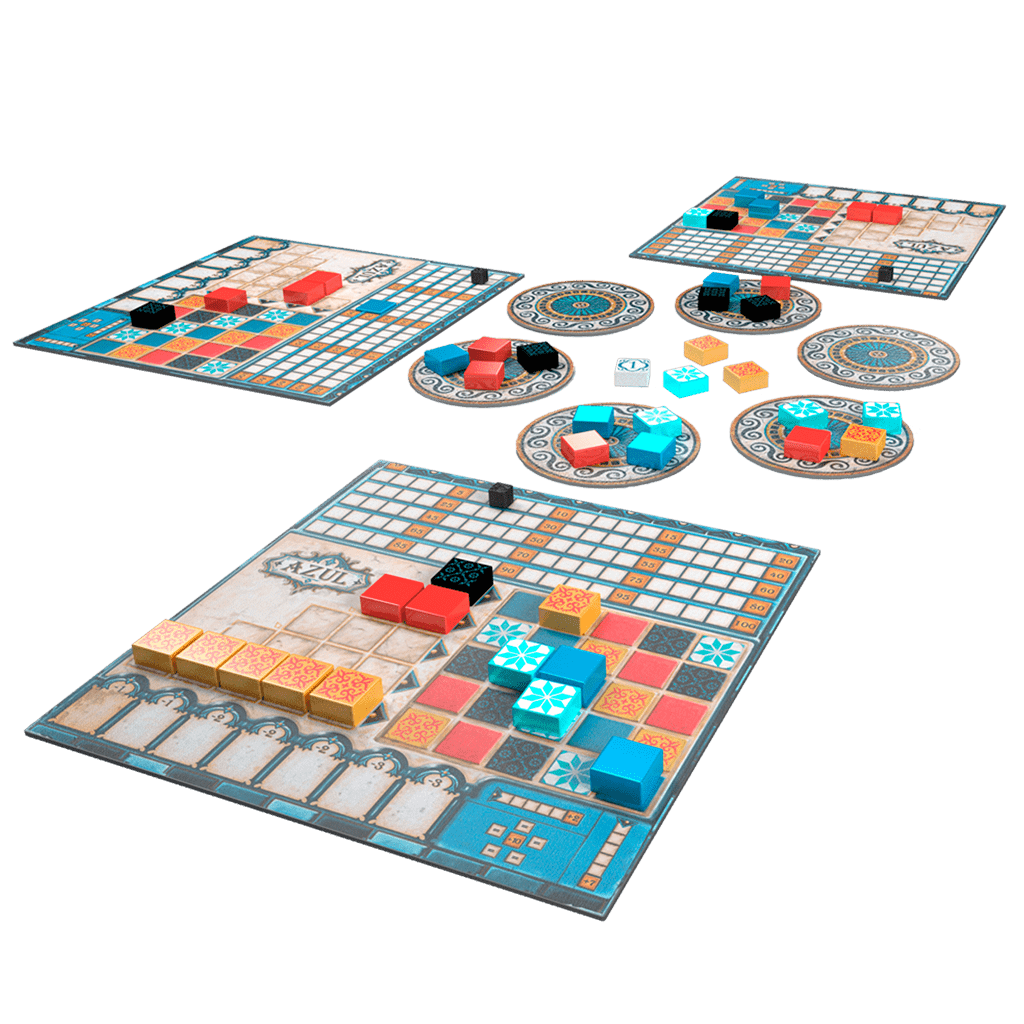Juego de mesa Azul mostrando tableros individuales y platos con losetas de resina multicolor