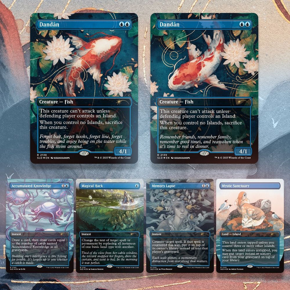 Pack de seis cartas exclusivas Secret Lair Dan Dan incluyendo Dandân, Accumulated Knowledge y Mystic Sanctuary