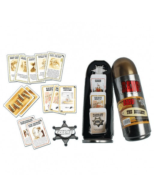 Juego de cartas Bang! La Bala edición especial con caja metálica forma bala y cartas Salvaje Oeste