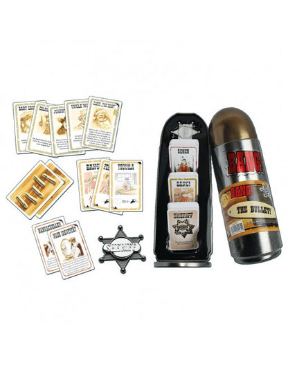 Juego de cartas Bang! La Bala edición especial con caja metálica forma bala y cartas Salvaje Oeste